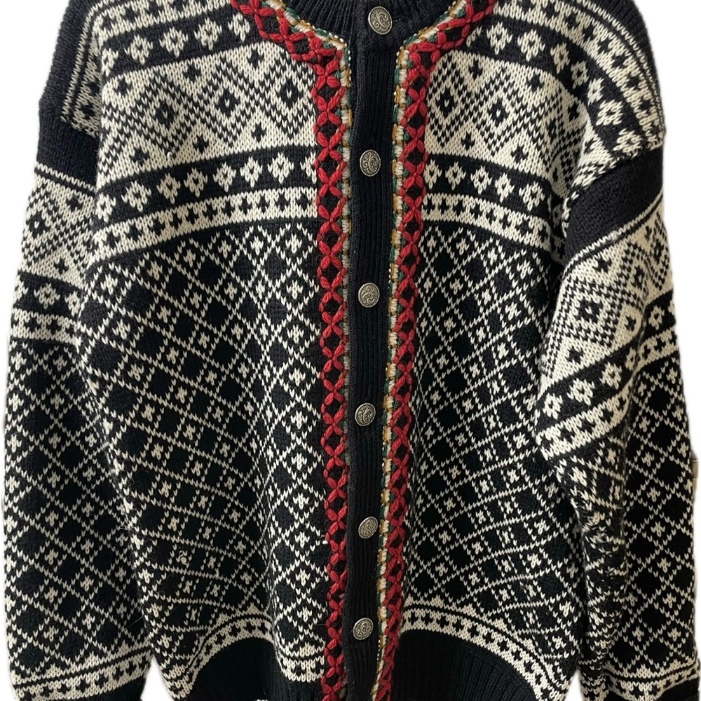 VTG NORWEGIAN Pure Wool KOFTE Cardigan  BLk White Nordic FAIR ISLE Sweater FLAW